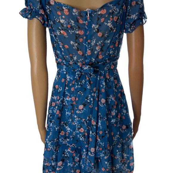 Women Boho Playsuit Romper Medium Blue Orange Floral Off The Shoulder Lined - Picture 2 of 16